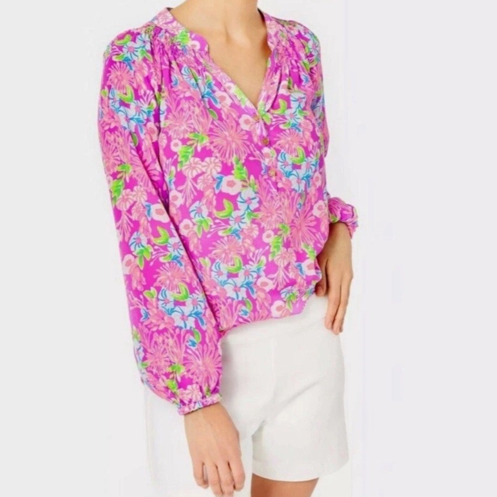 Lilly Pulitzer Elsa Top Womens M Pink Amethyst Moms The Word Silk Floral Blouse